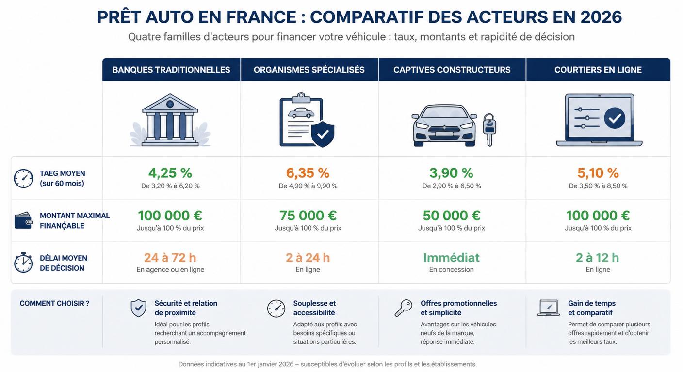 Infographie comparative des prêteurs auto sans apport en 2026