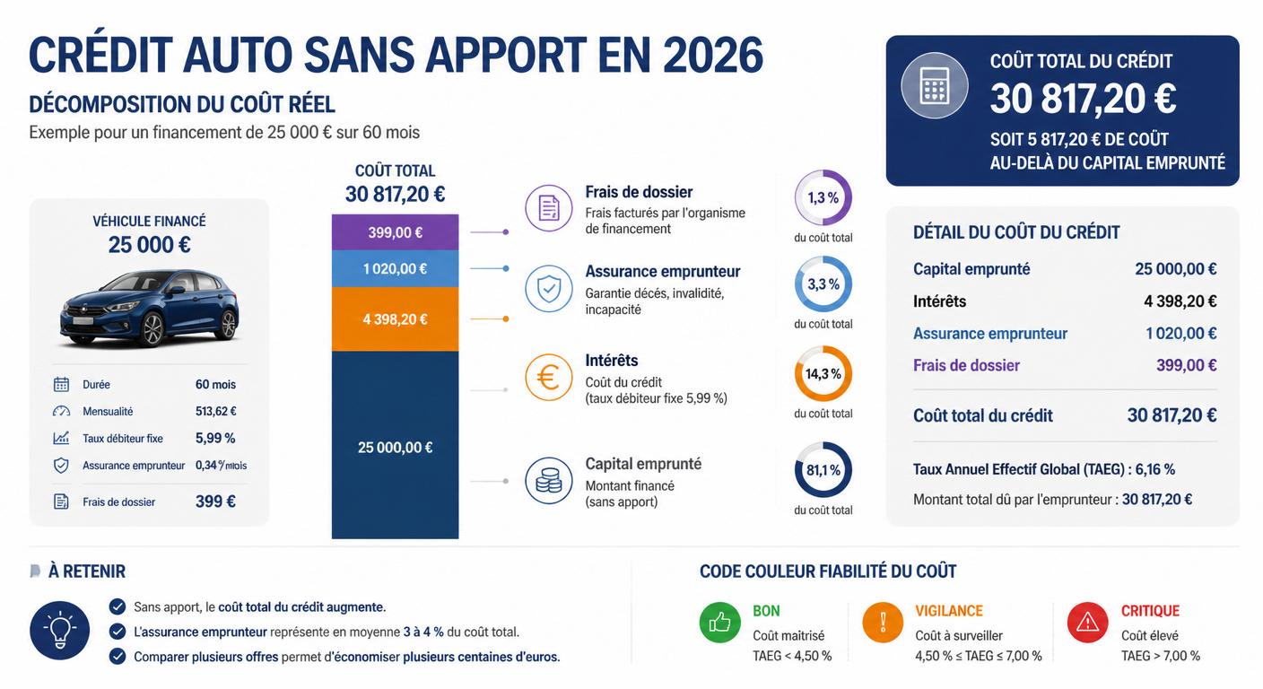 Infographie de la décomposition du coût réel d'un crédit auto sans apport