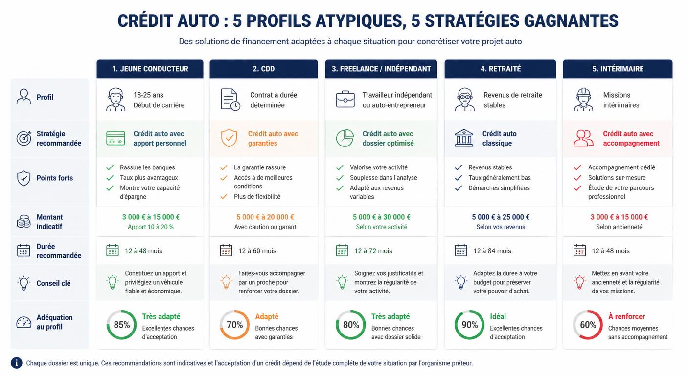 Infographie des stratégies de crédit auto sans apport pour profils atypiques