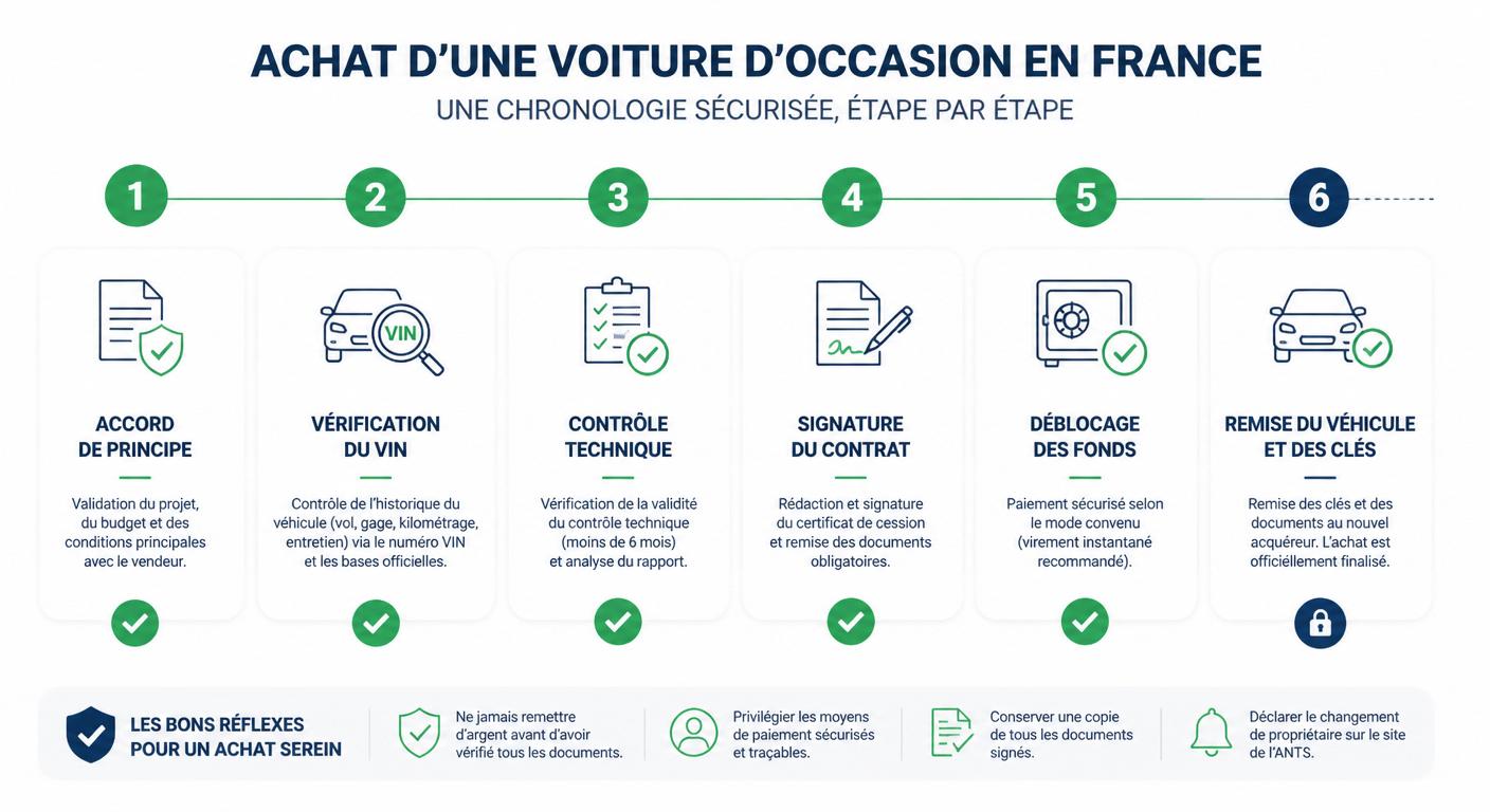 Infographie de la chronologie sécurisée crédit auto et vérification VIN