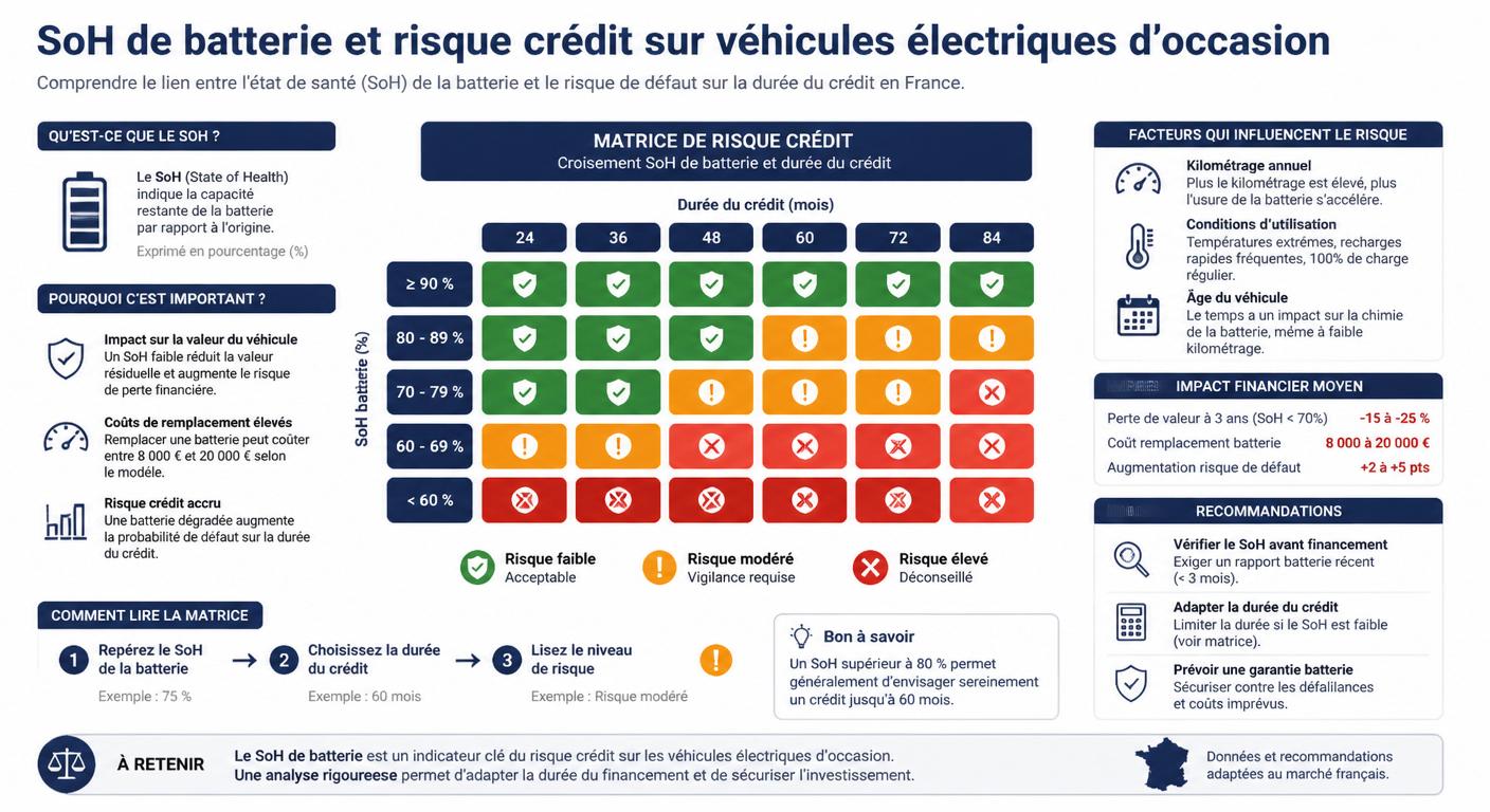 Infographie sur le SoH batterie et le risque crédit VE d'occasion