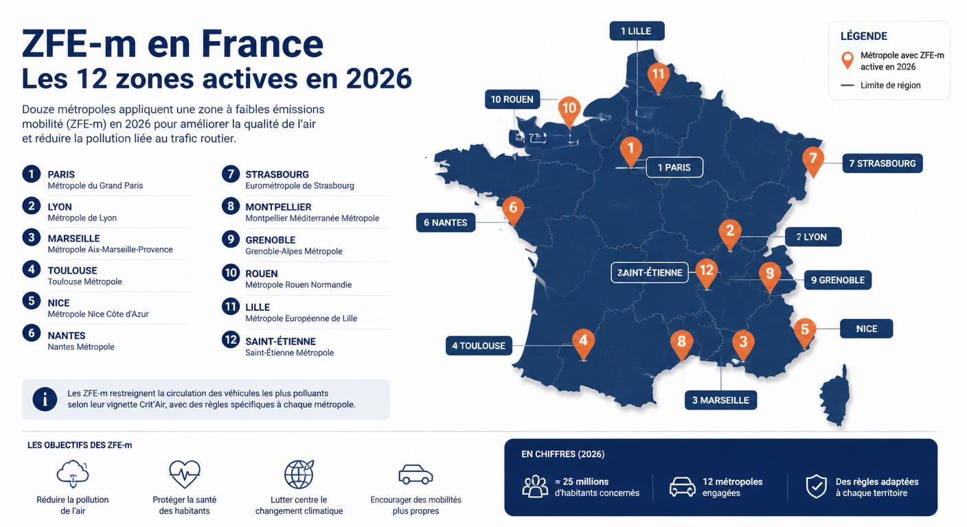 Infographie sur les zones à faibles émissions françaises et l'abandon du PTZ-m pour le crédit voiture occasion taux zéro