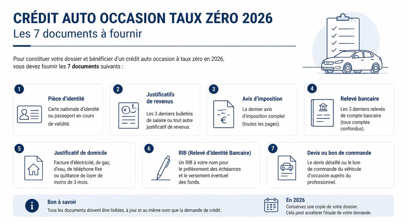 Infographie de la check-list des documents pour un crédit voiture occasion taux zéro