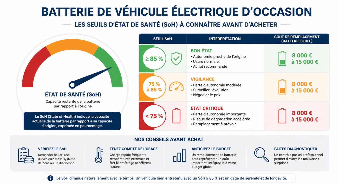 Infographie des seuils d'état de santé batterie SoH pour acheter un VE d'occasion