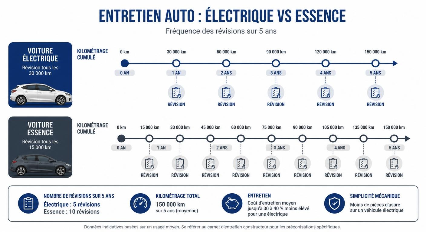 Infographie comparant la fréquence des révisions entre voiture électrique et thermique sur cinq ans