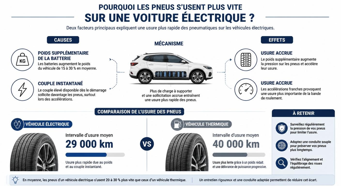 Infographie expliquant l'usure plus rapide des pneus d'une voiture électrique