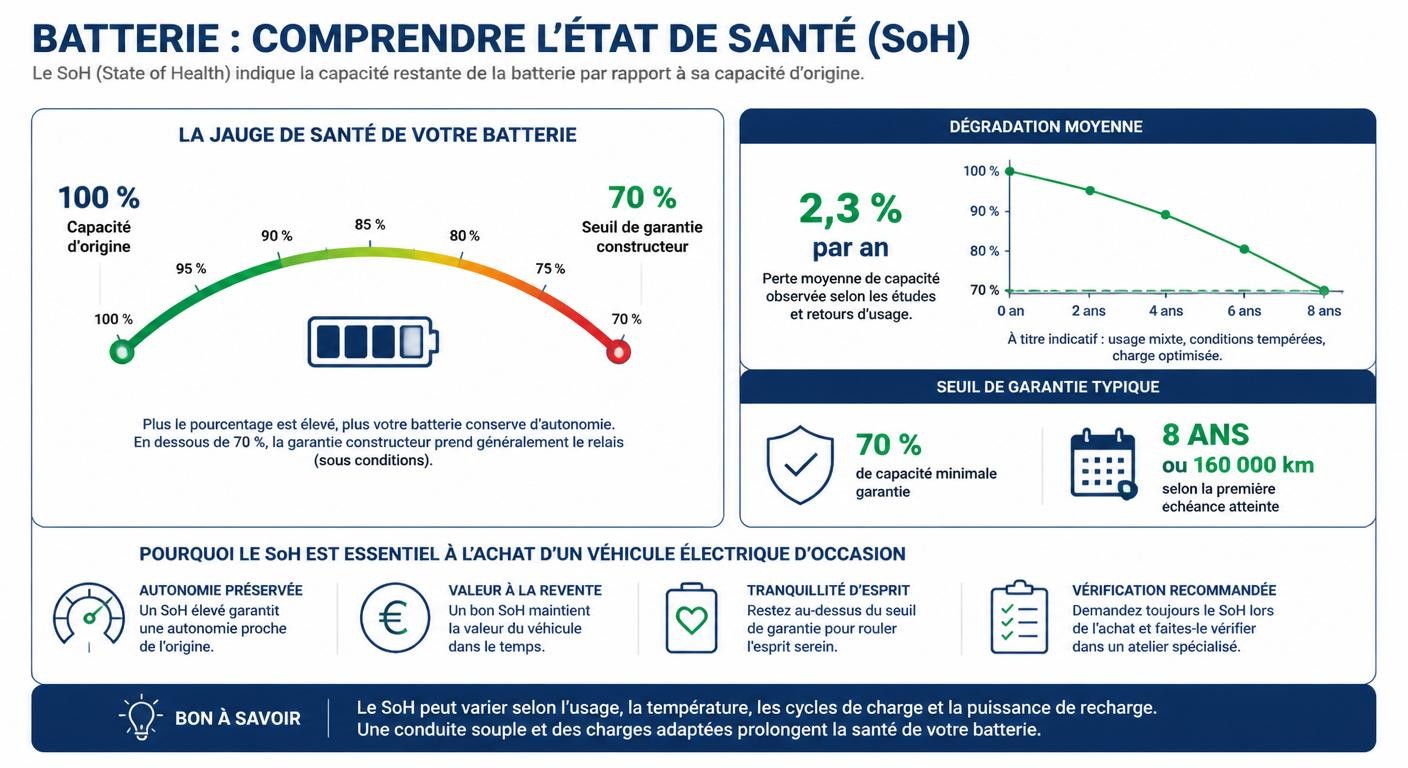 Infographie expliquant l'état de santé de la batterie (SoH) et la garantie pour une voiture électrique d'occasion