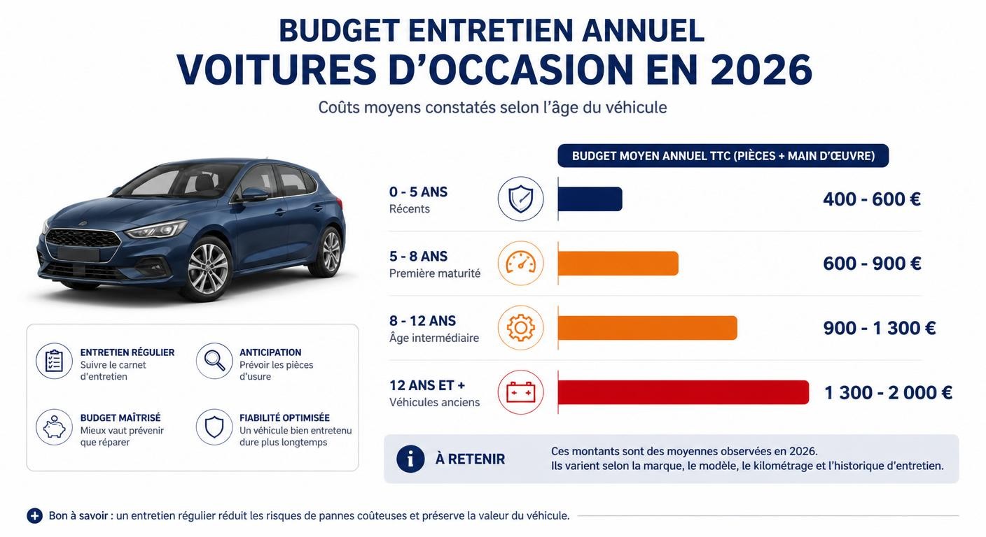 Infographie présentant les fourchettes de budget annuel d'entretien d'une voiture d'occasion en 2026 par tranche d'âge