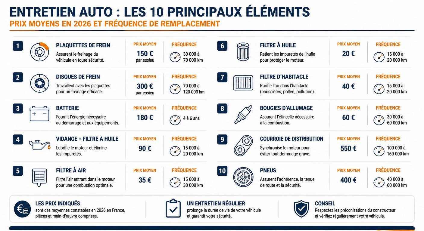 Infographie listant les 10 principaux postes d'entretien d'une voiture avec prix moyens 2026 et fréquence de remplacement
