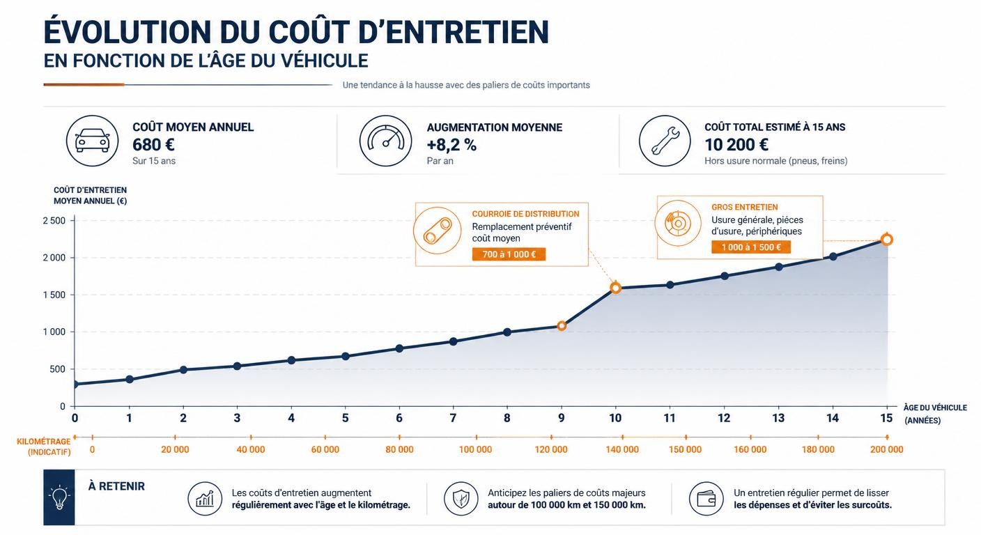 Graphique présentant l'évolution du coût d'entretien d'une voiture selon son âge et son kilométrage