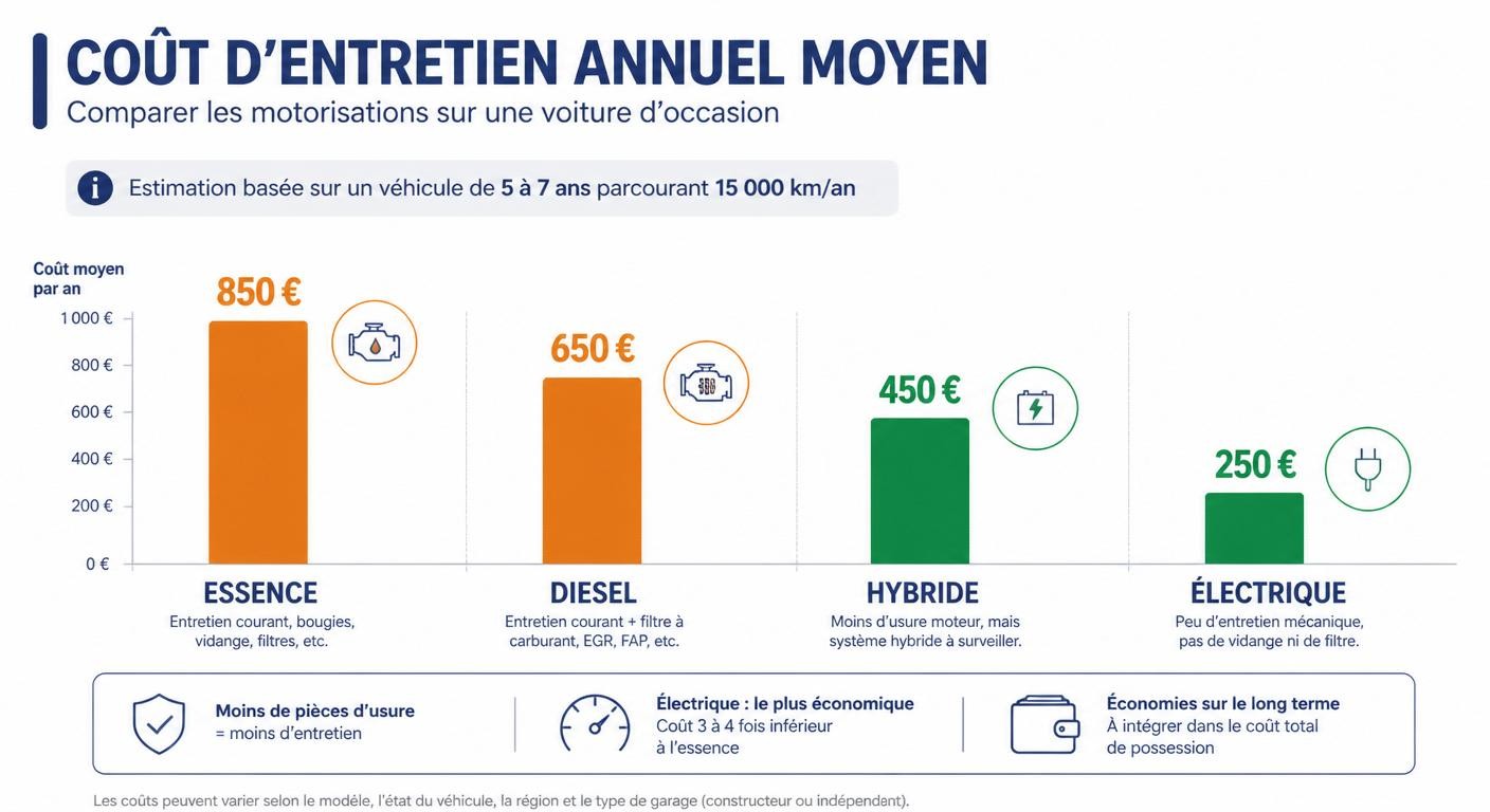 Infographie comparant le coût d'entretien annuel d'une voiture d'occasion selon sa motorisation