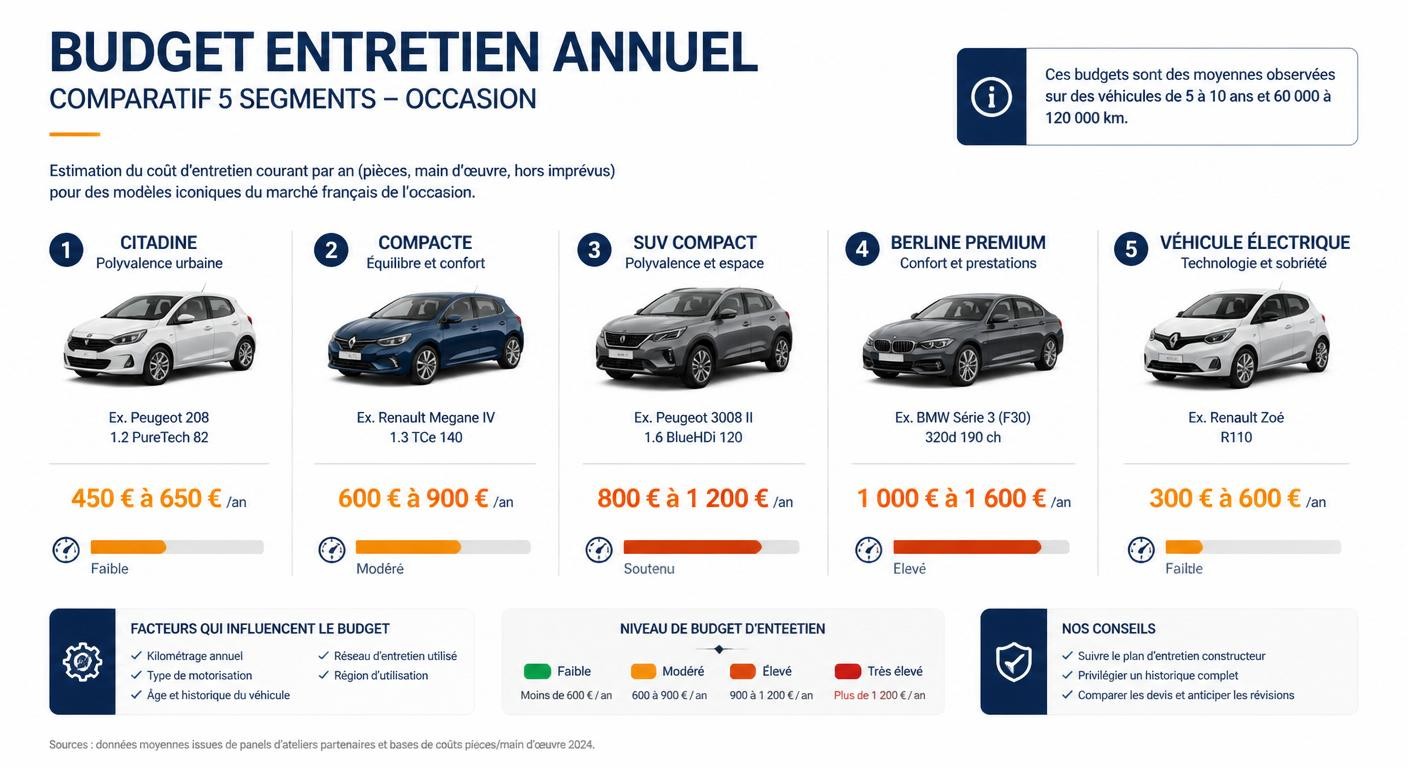 Infographie comparant le budget d'entretien annuel par segment de voiture d'occasion