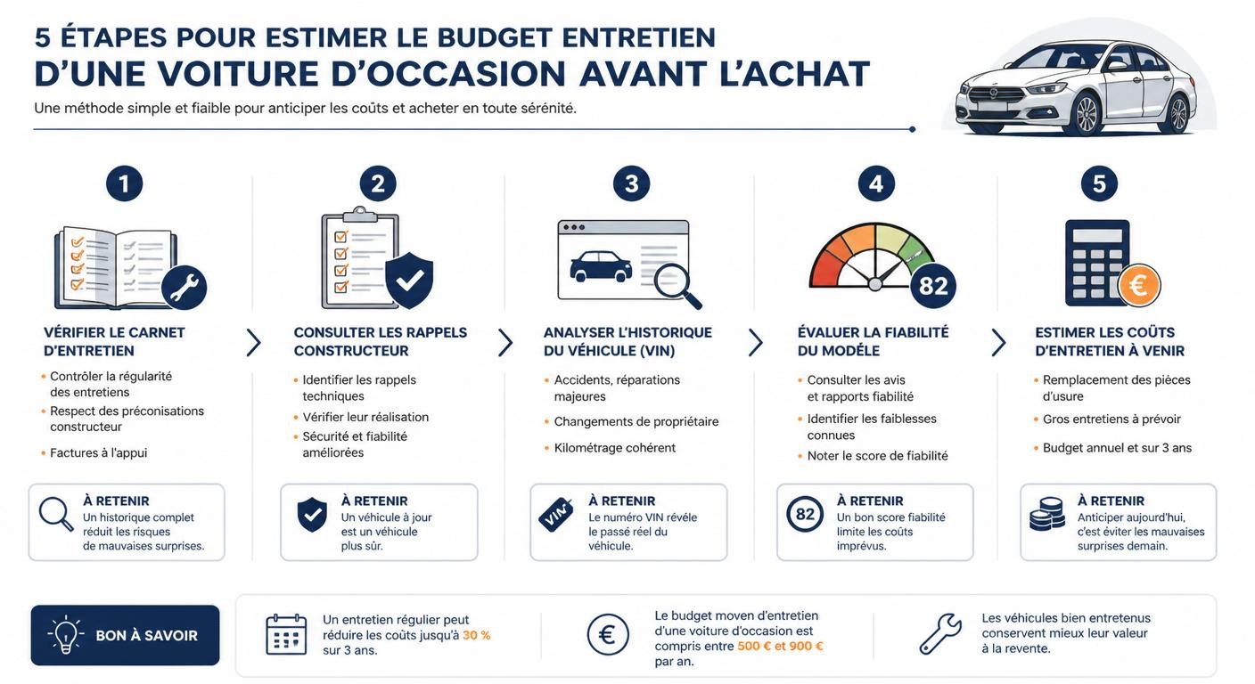 Infographie présentant les cinq étapes pour estimer le coût d'entretien d'une voiture d'occasion avant l'achat