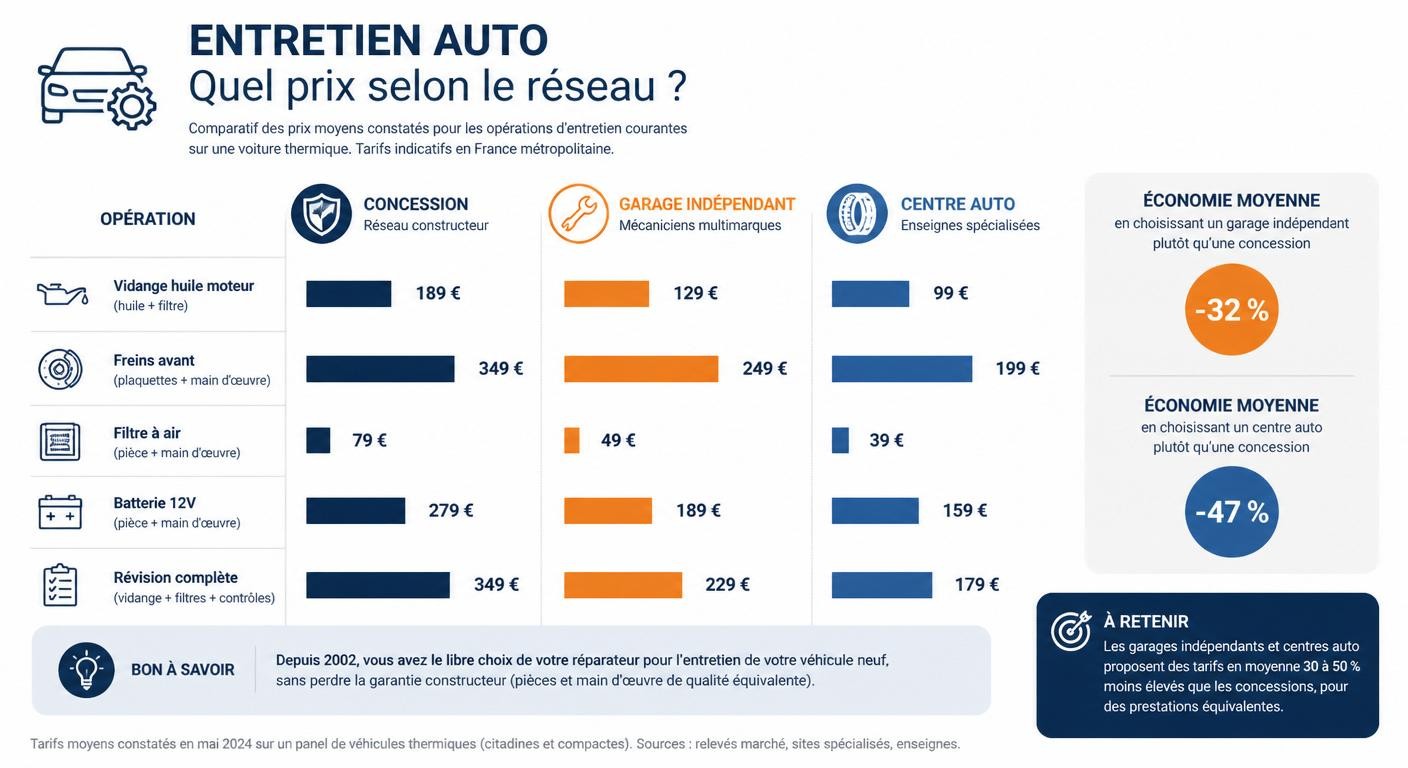 Infographie comparant les tarifs d'entretien selon le canal choisi : concession, garagiste indépendant ou centre auto