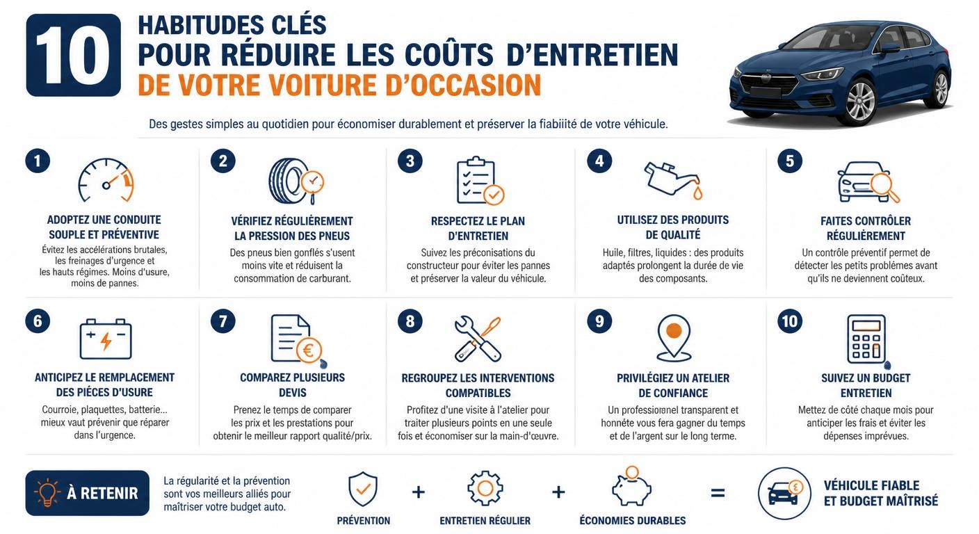 Infographie listant dix réflexes pour réduire le coût d'entretien d'une voiture d'occasion