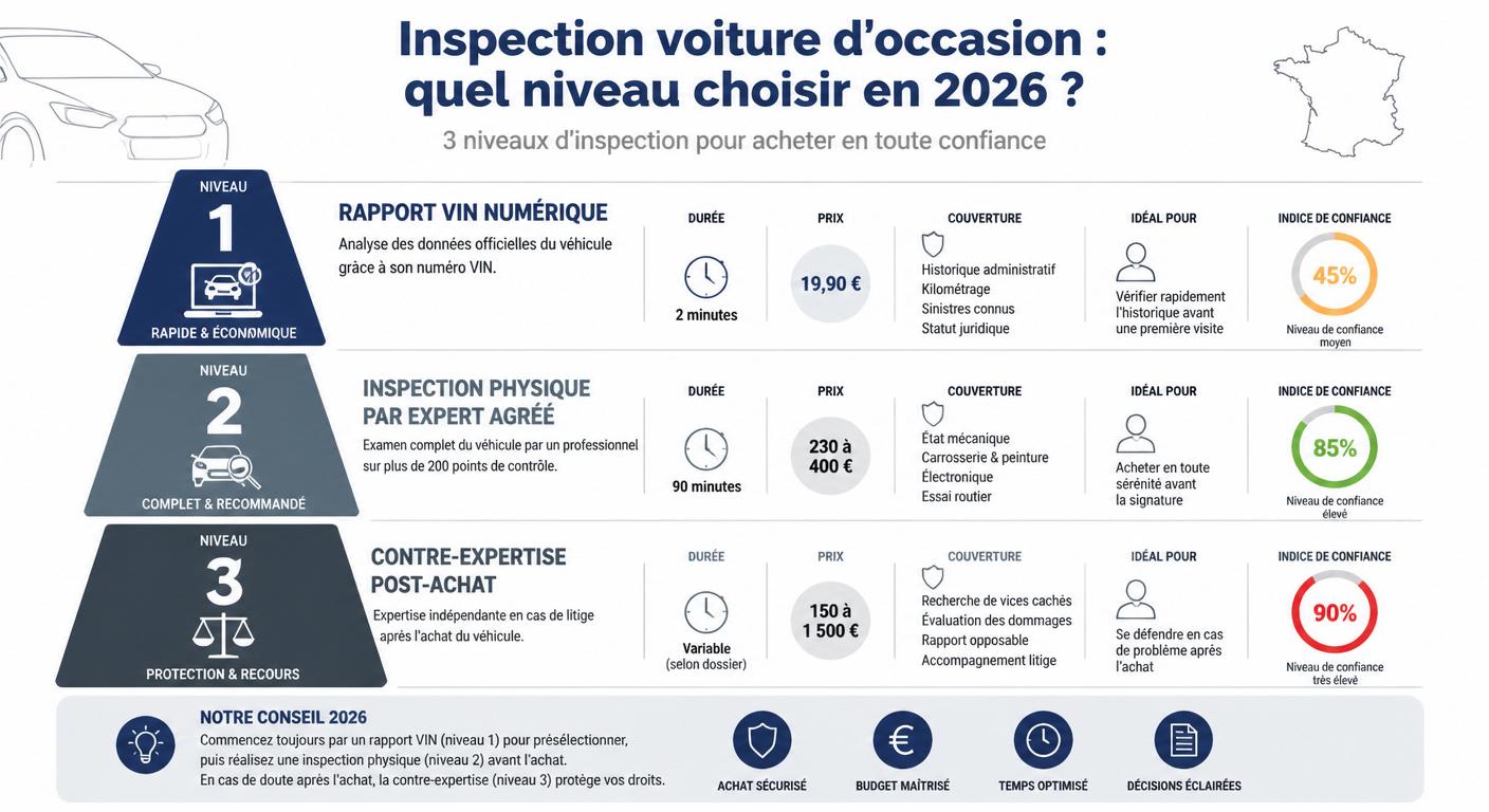 Infographie comparant les trois niveaux d'expertise auto avant achat en 2026