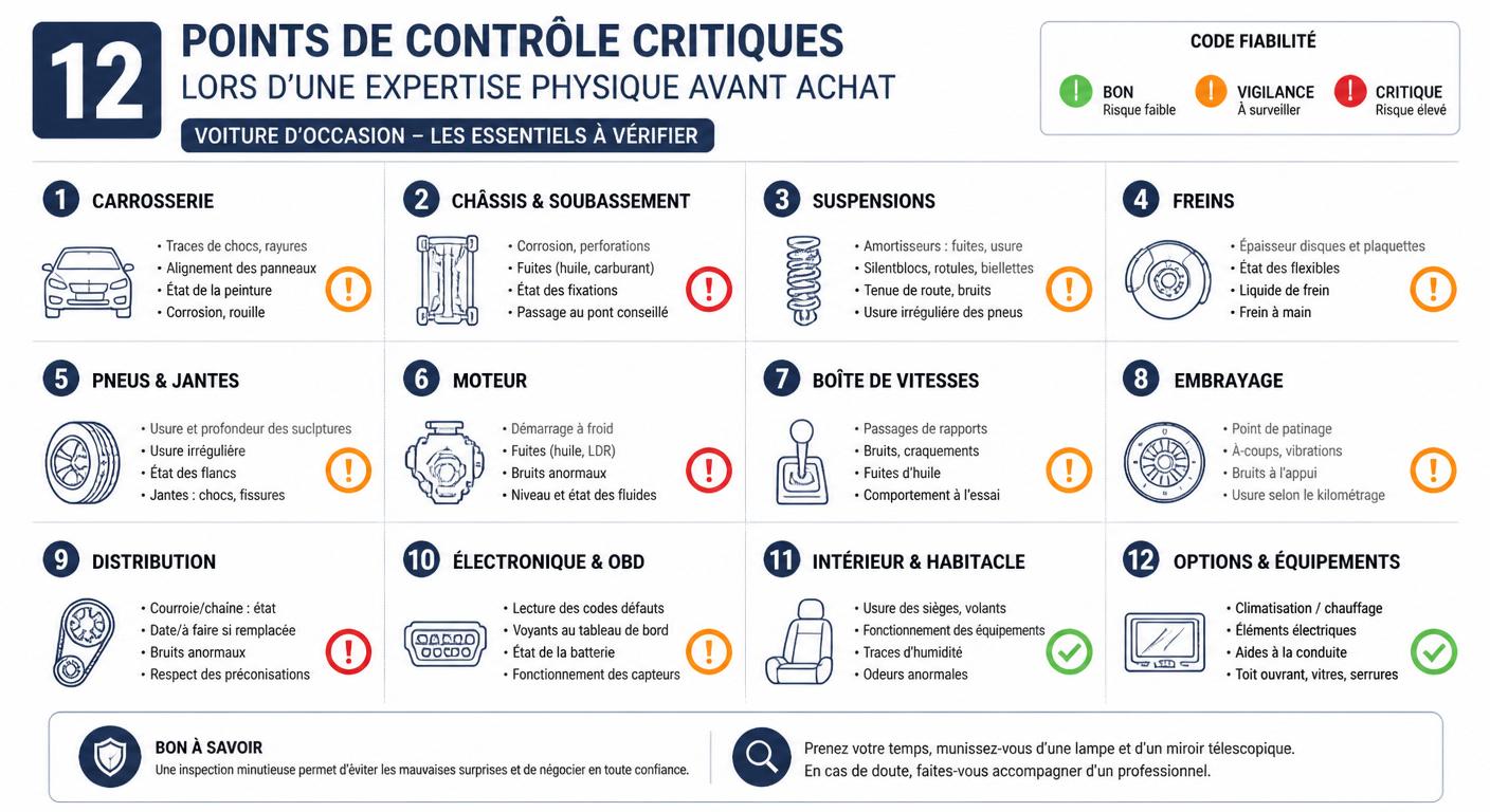 Infographie des 12 points de contrôle d'une expertise voiture avant achat