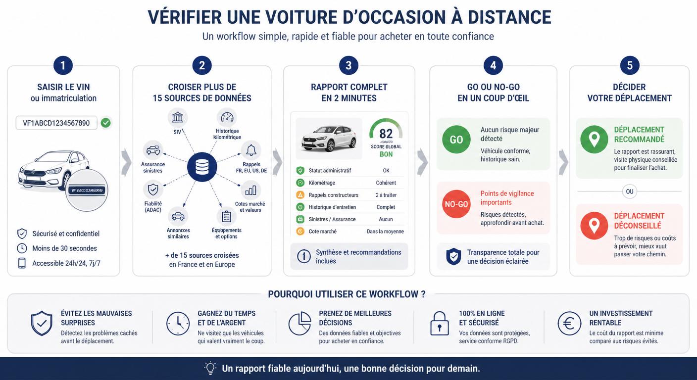 Infographie du workflow d'une vérification voiture avant achat à distance