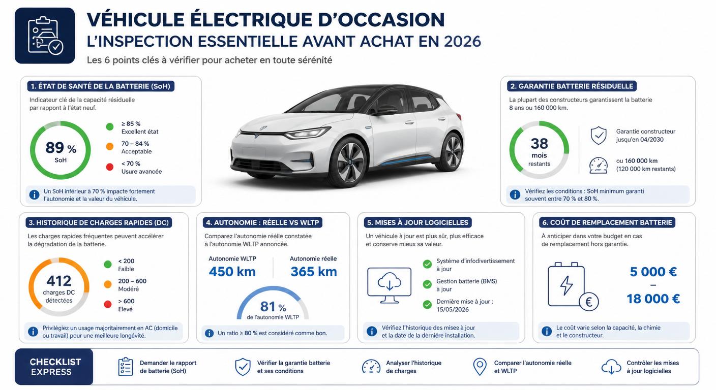 Infographie des points clés d'une inspection véhicule électrique d'occasion