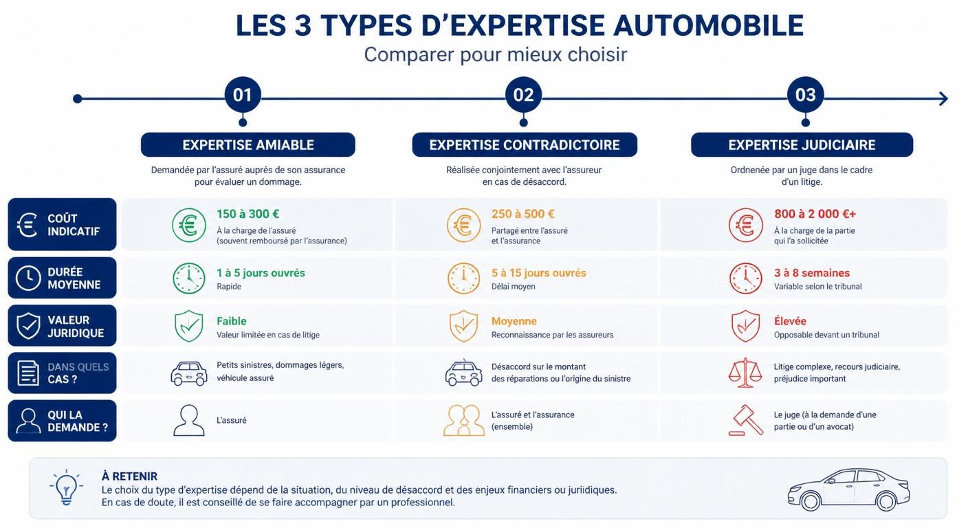 Infographie comparative des trois types d'expertise automobile : amiable, contradictoire et judiciaire