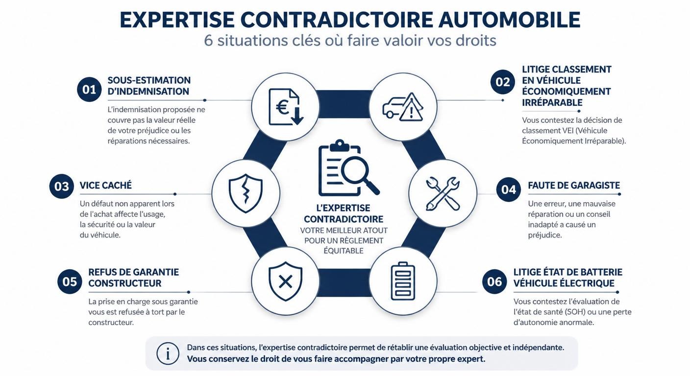 Infographie des six cas déclenchant une expertise contradictoire automobile