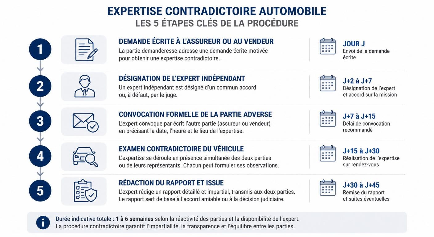 Infographie de la procédure d'expertise contradictoire automobile en 5 étapes