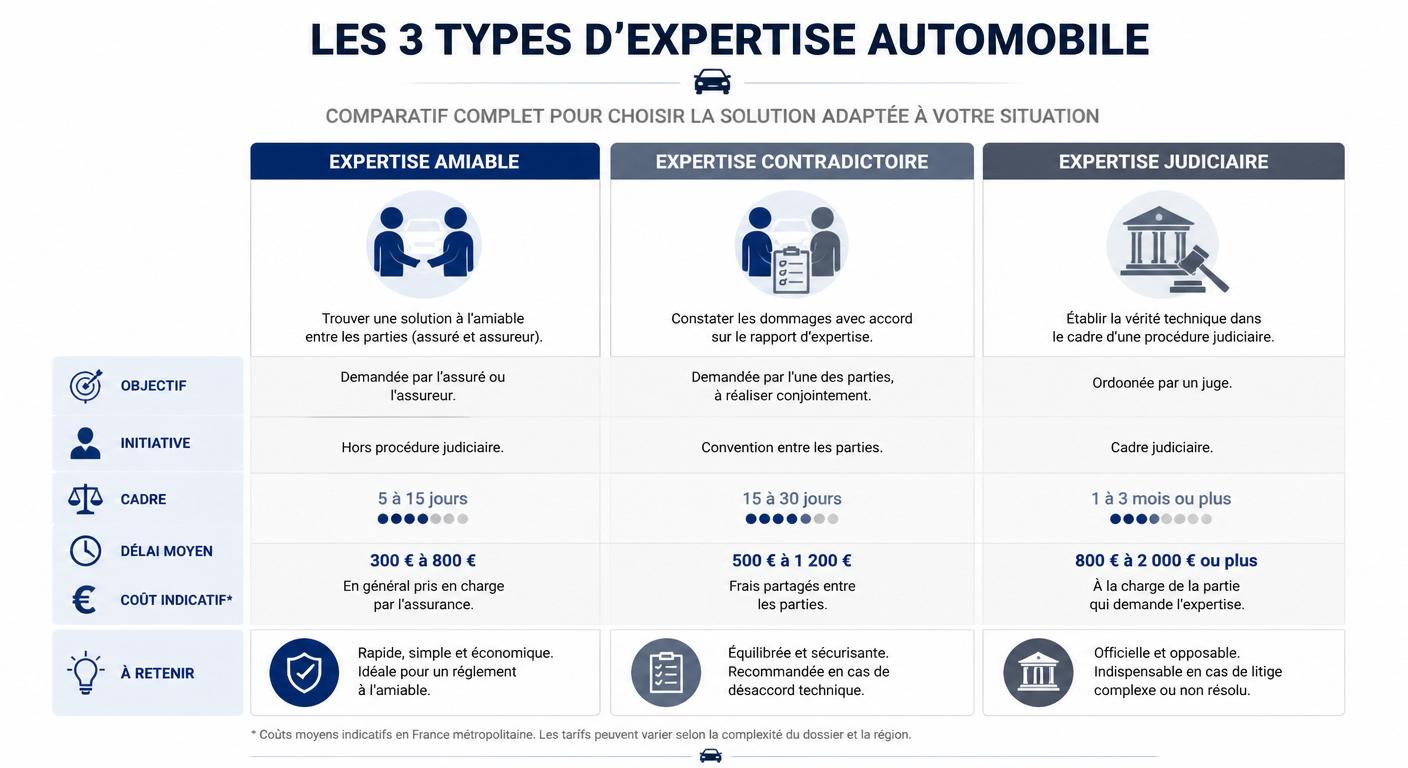 Infographie comparant les trois types d'expertise automobile en France