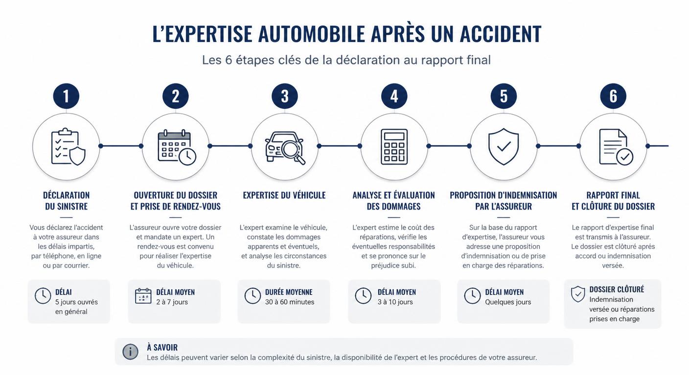 Infographie chronologique des six étapes d'une expertise automobile après accident