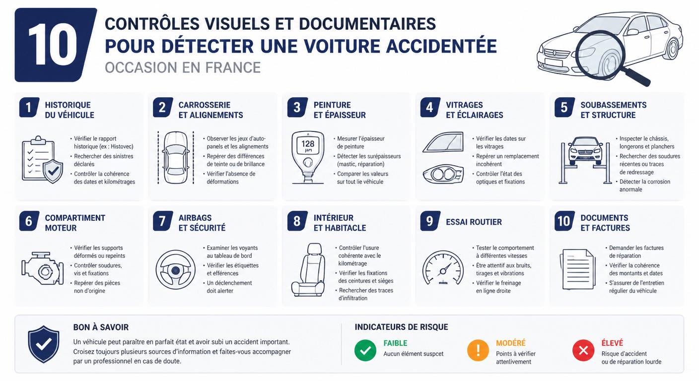 Infographie des 10 vérifications pour détecter une voiture d'occasion accidentée