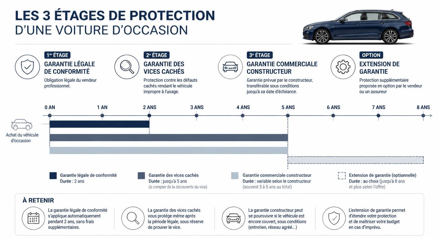 Infographie des trois étages de garantie protégeant une voiture d'occasion en France