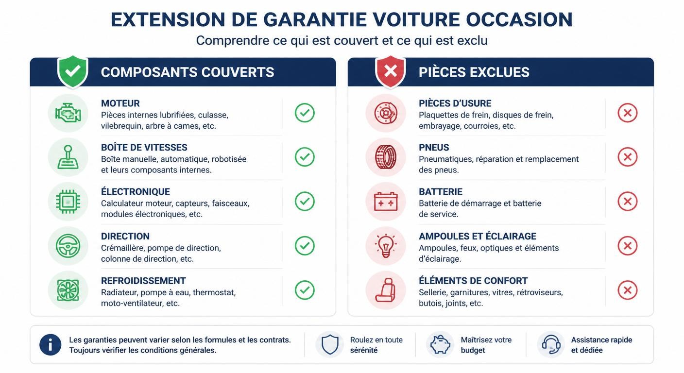 Infographie comparant les pièces couvertes et exclues par une extension de garantie voiture occasion