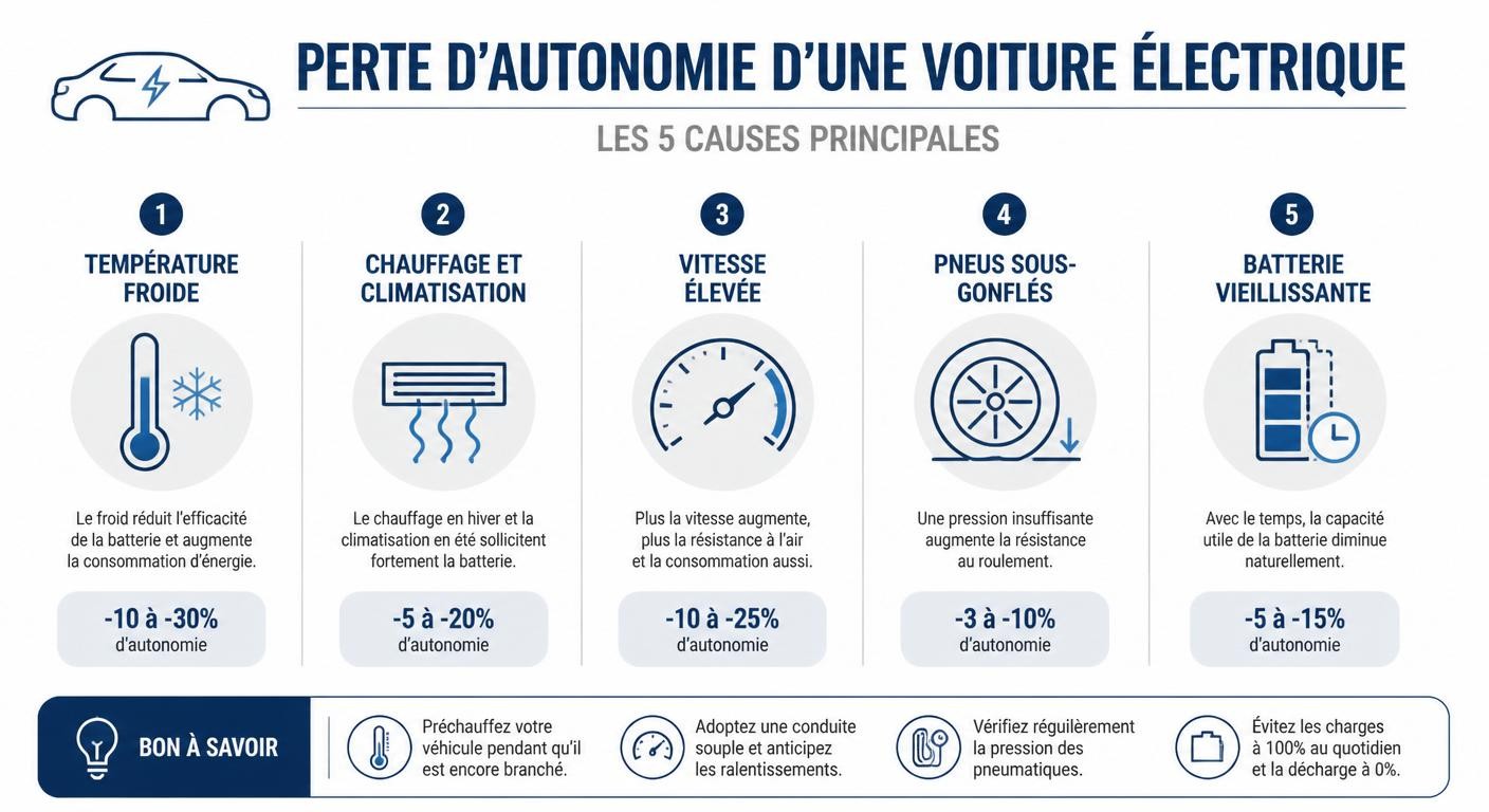 Infographie des 5 grandes causes de baisse d'autonomie d'une voiture électrique
