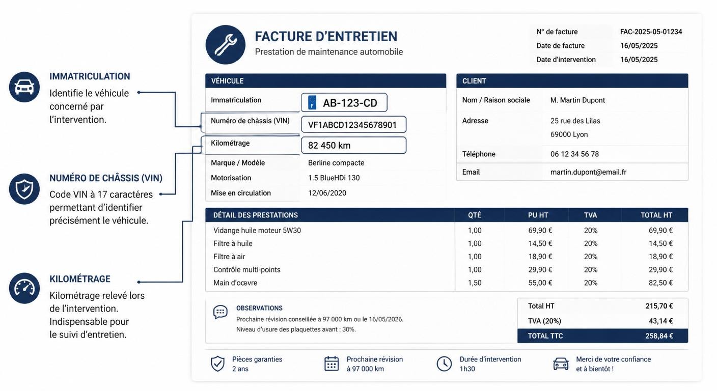 Infographie annotée du bloc identification véhicule d'une facture d'entretien automobile