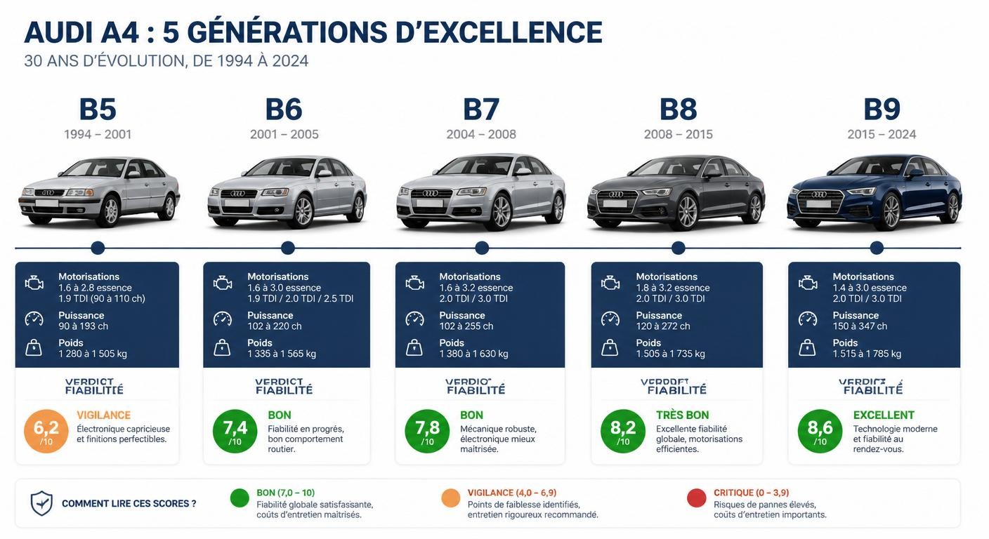 Frise chronologique de la fiabilité des générations d'Audi A4 de la B5 à la B9