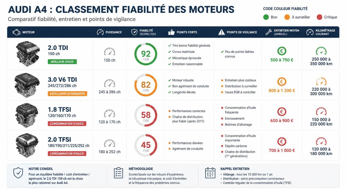 Classement des moteurs d'Audi A4 par fiabilité, du plus sûr au plus risqué