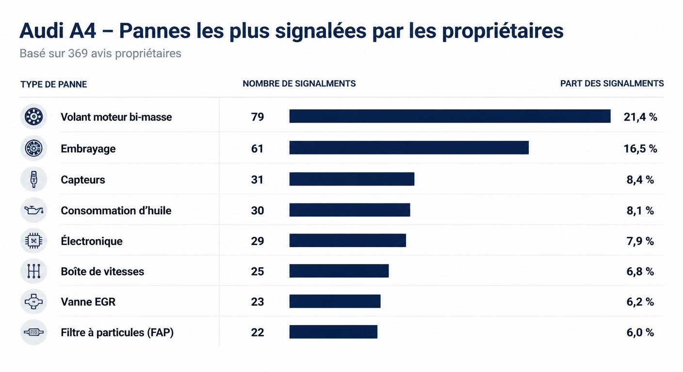 Classement des pannes les plus signalées sur l'Audi A4 à partir de 369 avis propriétaires