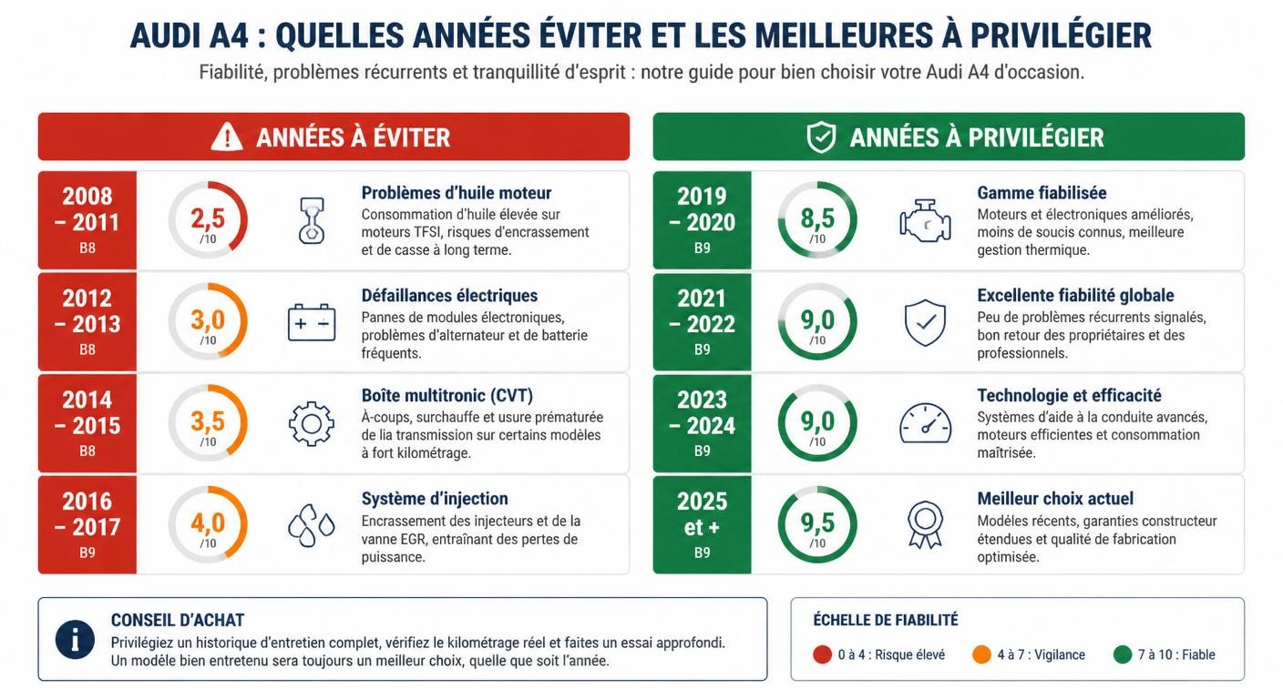 Comparatif des années d'Audi A4 à éviter et à privilégier selon la motorisation