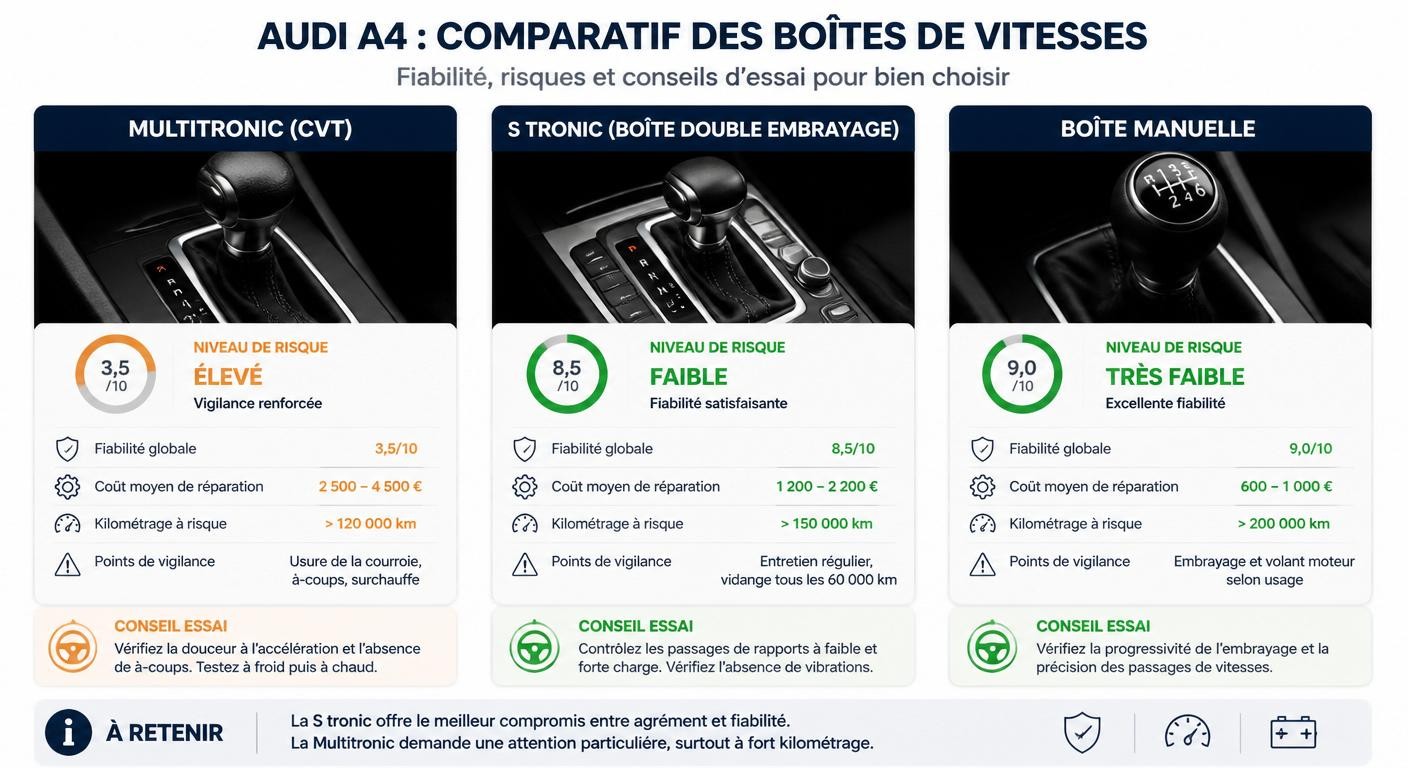 Comparatif de fiabilité des boîtes Multitronic, S tronic et manuelle de l'Audi A4