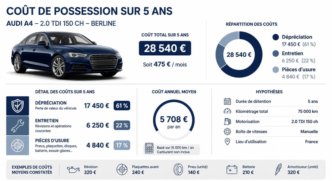 Répartition du coût de possession d'une Audi A4 sur cinq ans : entretien, pièces d'usure et décote