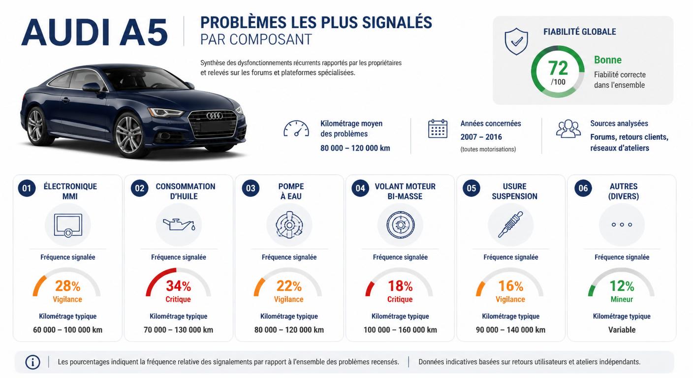 Infographie des problèmes les plus signalés sur l'Audi A5 par organe