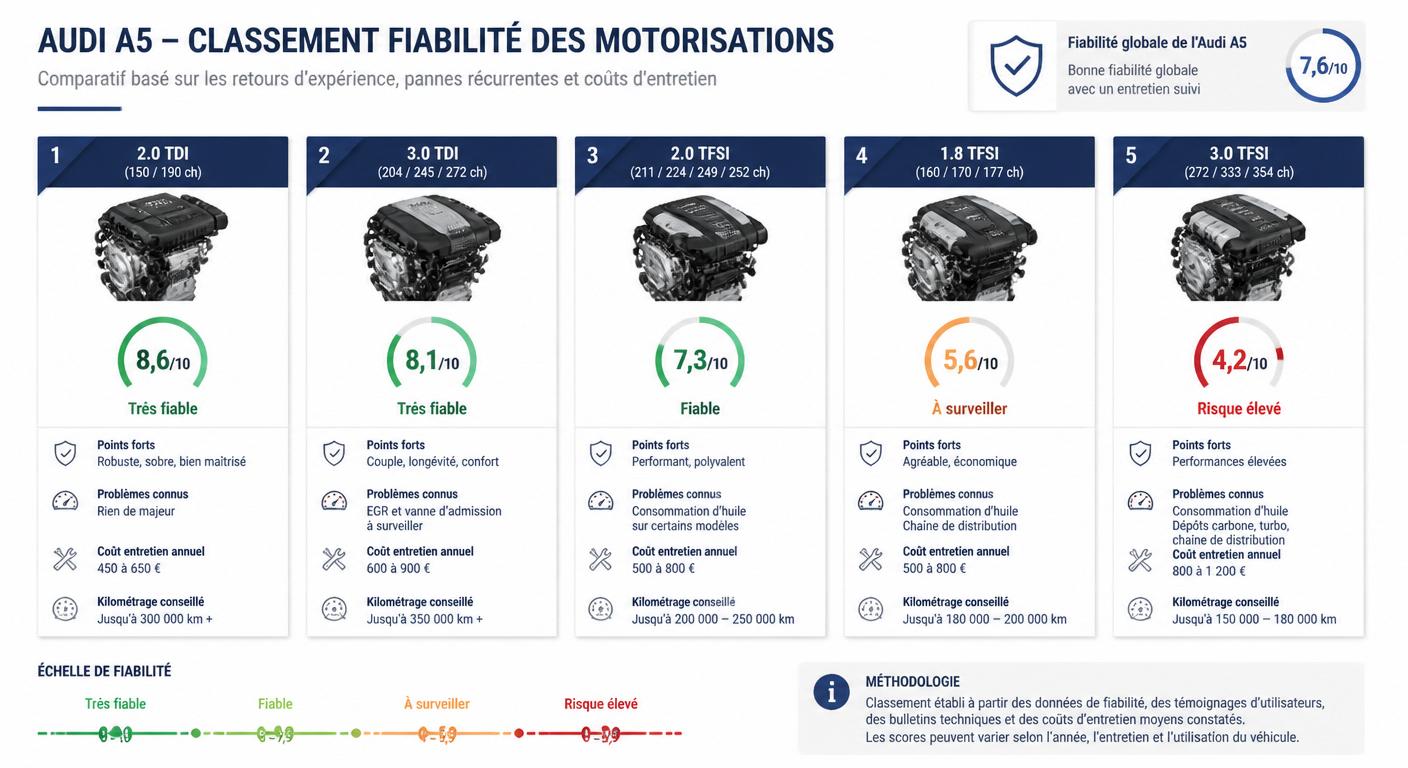 Infographie comparant la fiabilité des motorisations de l'Audi A5