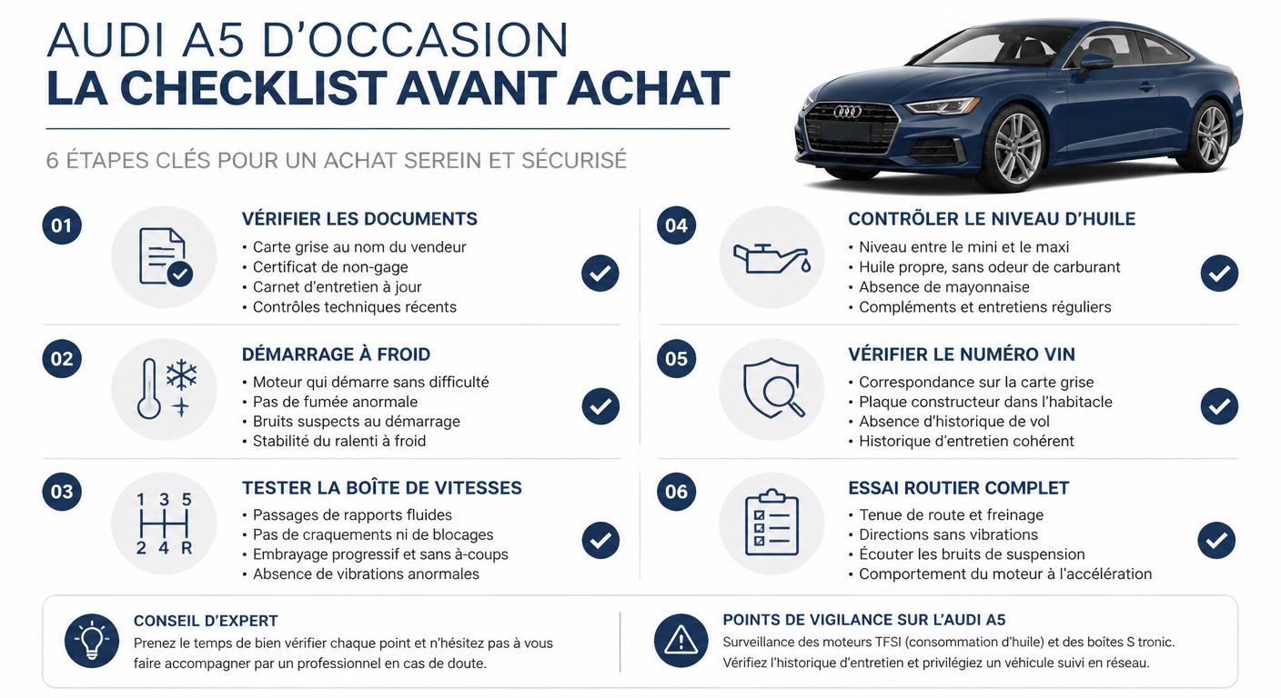 Infographie de la checklist d'inspection avant l'achat d'une Audi A5 d'occasion