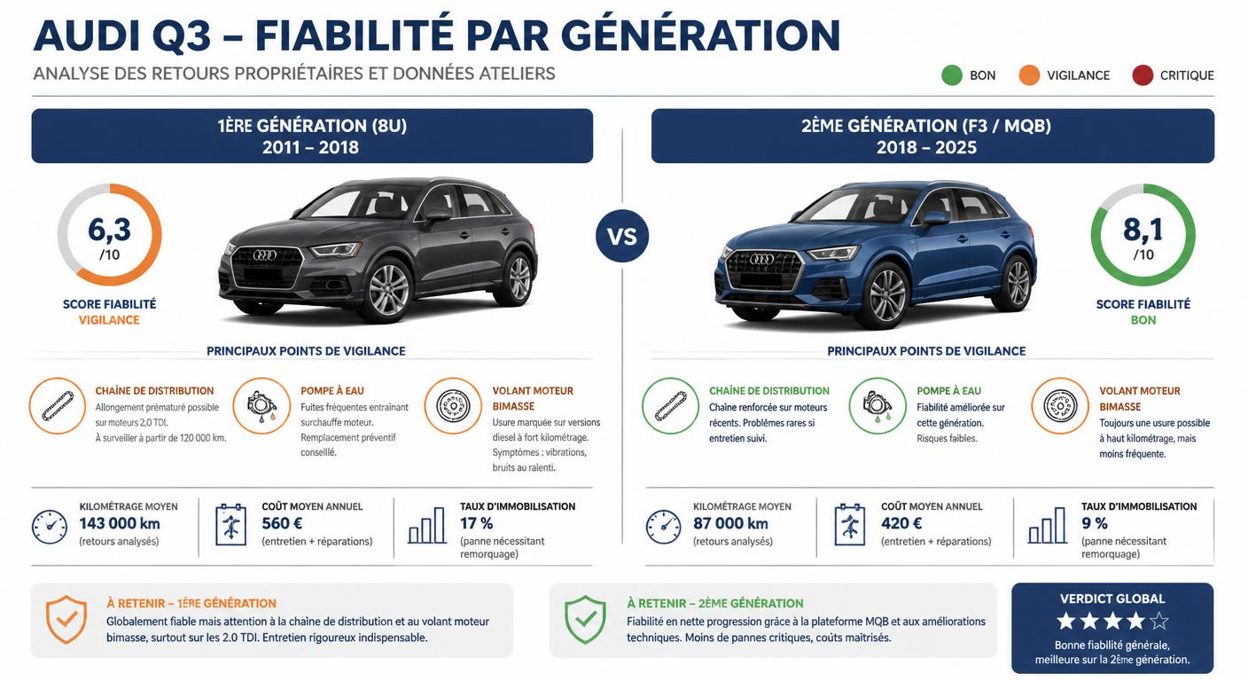 Infographie verdict fiabilité Audi Q3 par génération phase 1 et phase 2