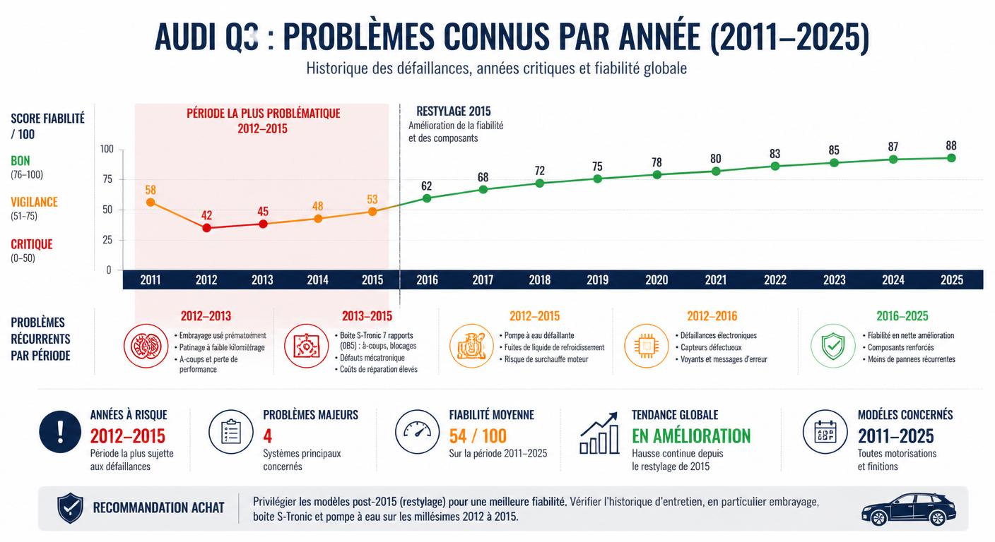 Frise chronologique des problèmes connus de l'Audi Q3 de 2011 à 2025