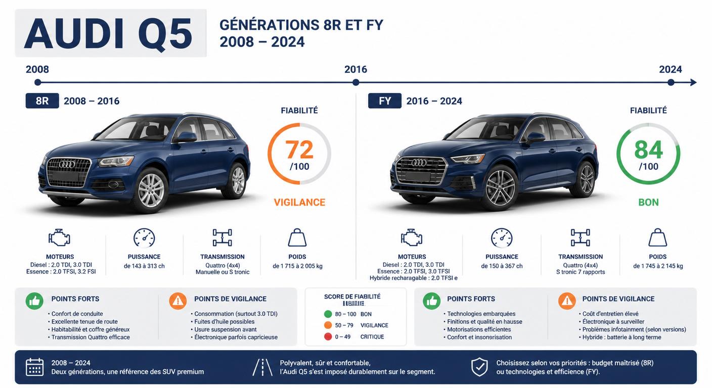 Frise chronologique des générations Audi Q5 8R et FY avec score de fiabilité