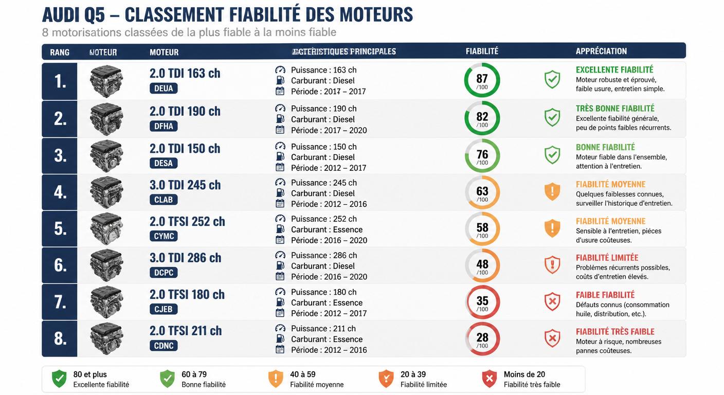 Classement de fiabilité des huit motorisations Audi Q5