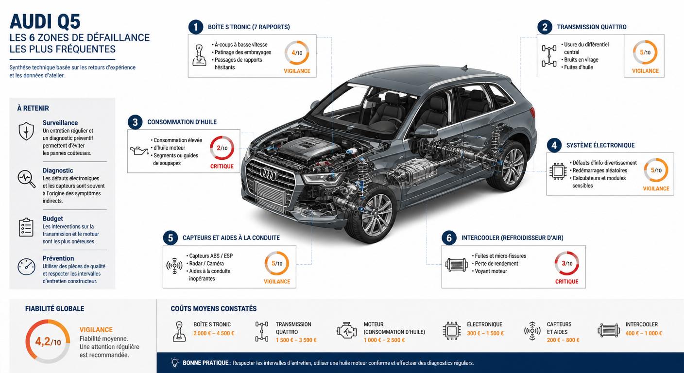 Vue éclatée des six zones de panne les plus signalées sur l'Audi Q5