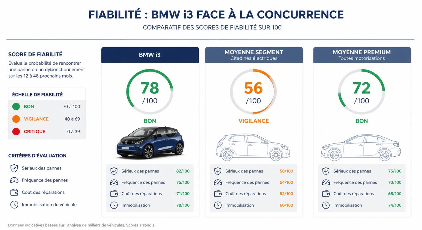 Infographie comparant le score de fiabilité de la BMW i3 à la moyenne du segment citadine électrique
