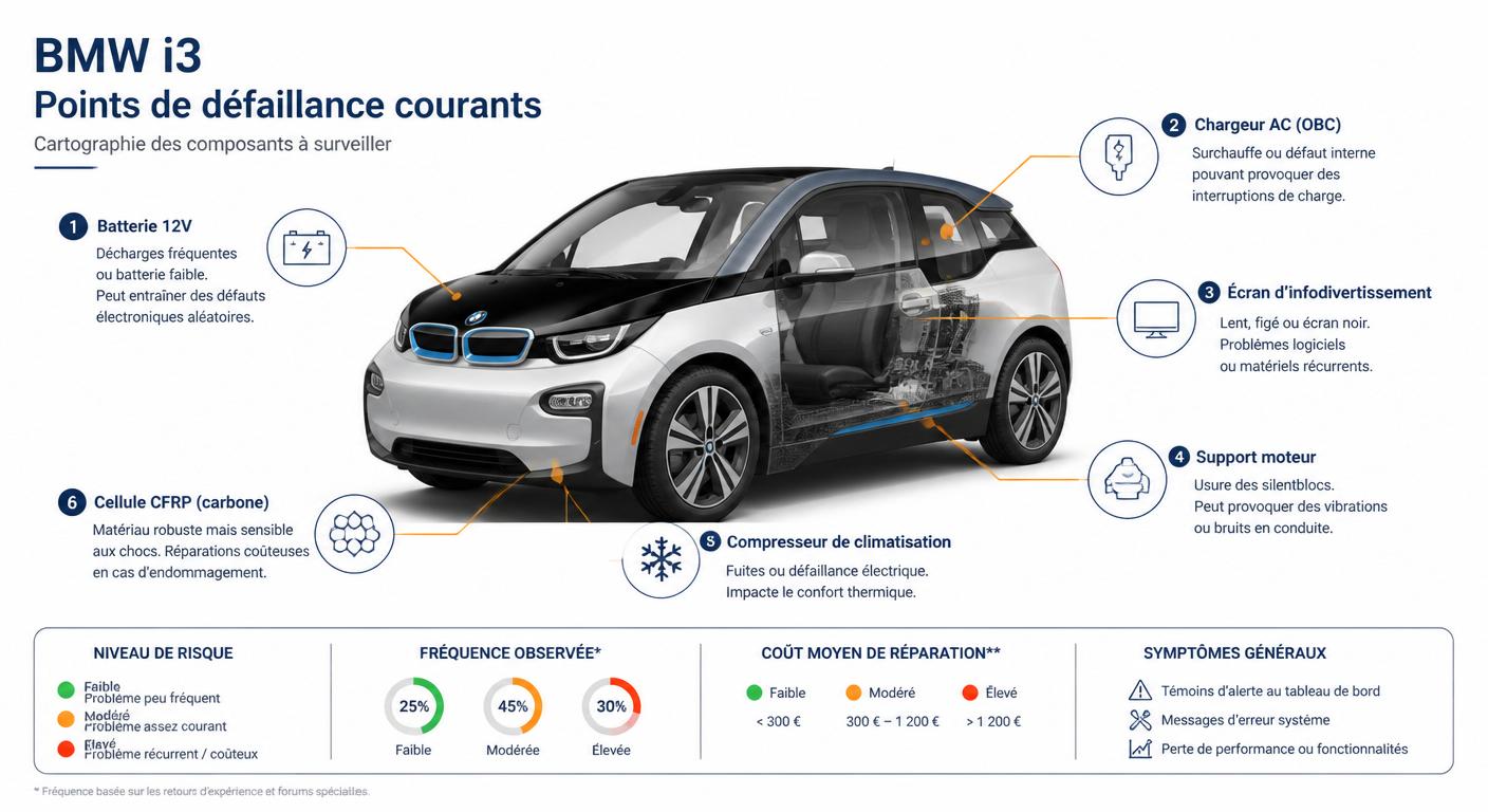 Infographie cartographiant les pannes les plus fréquentes sur une BMW i3