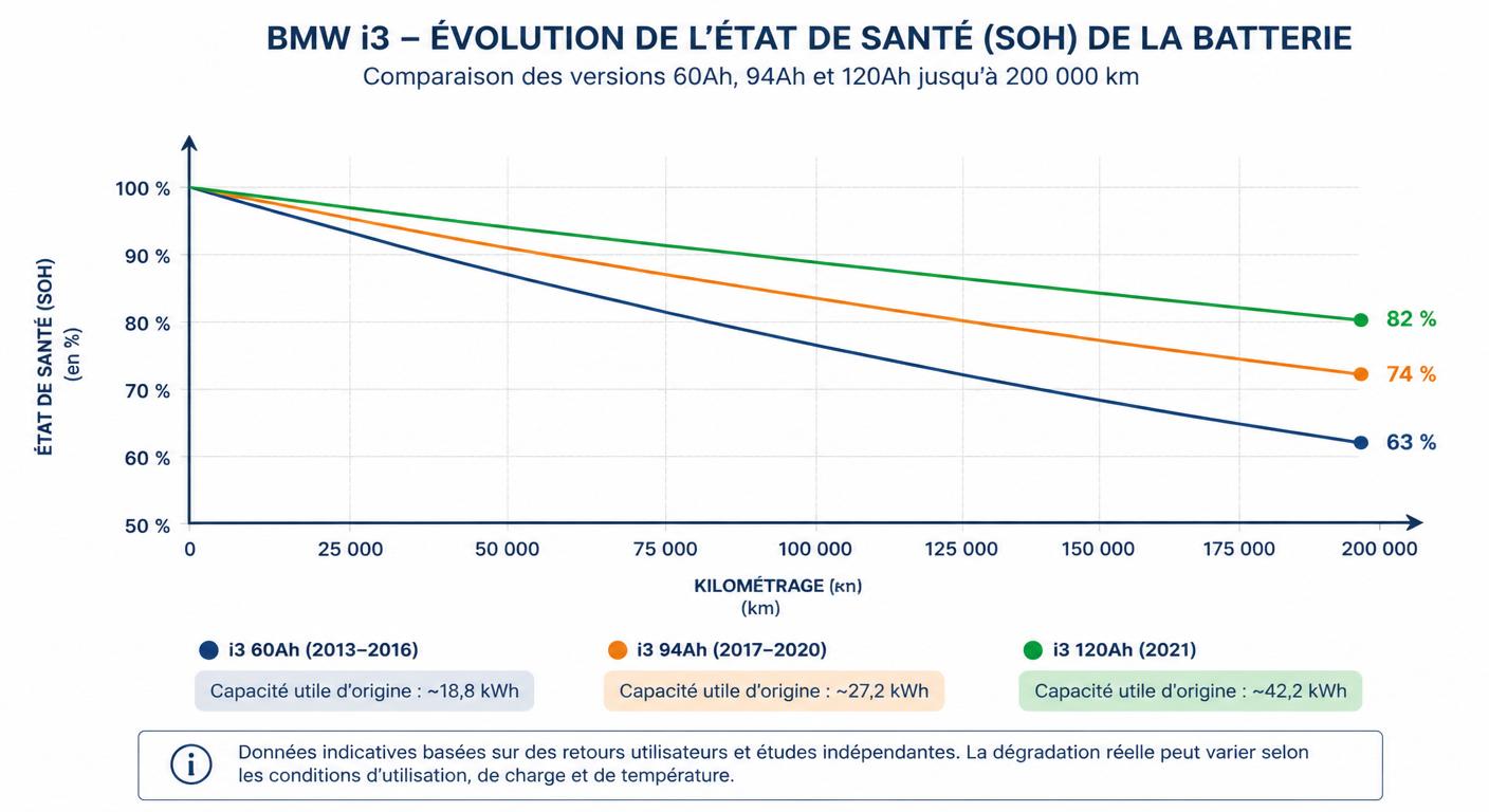 Courbe de dégradation du SoH des batteries BMW i3 par version sur 200 000 km